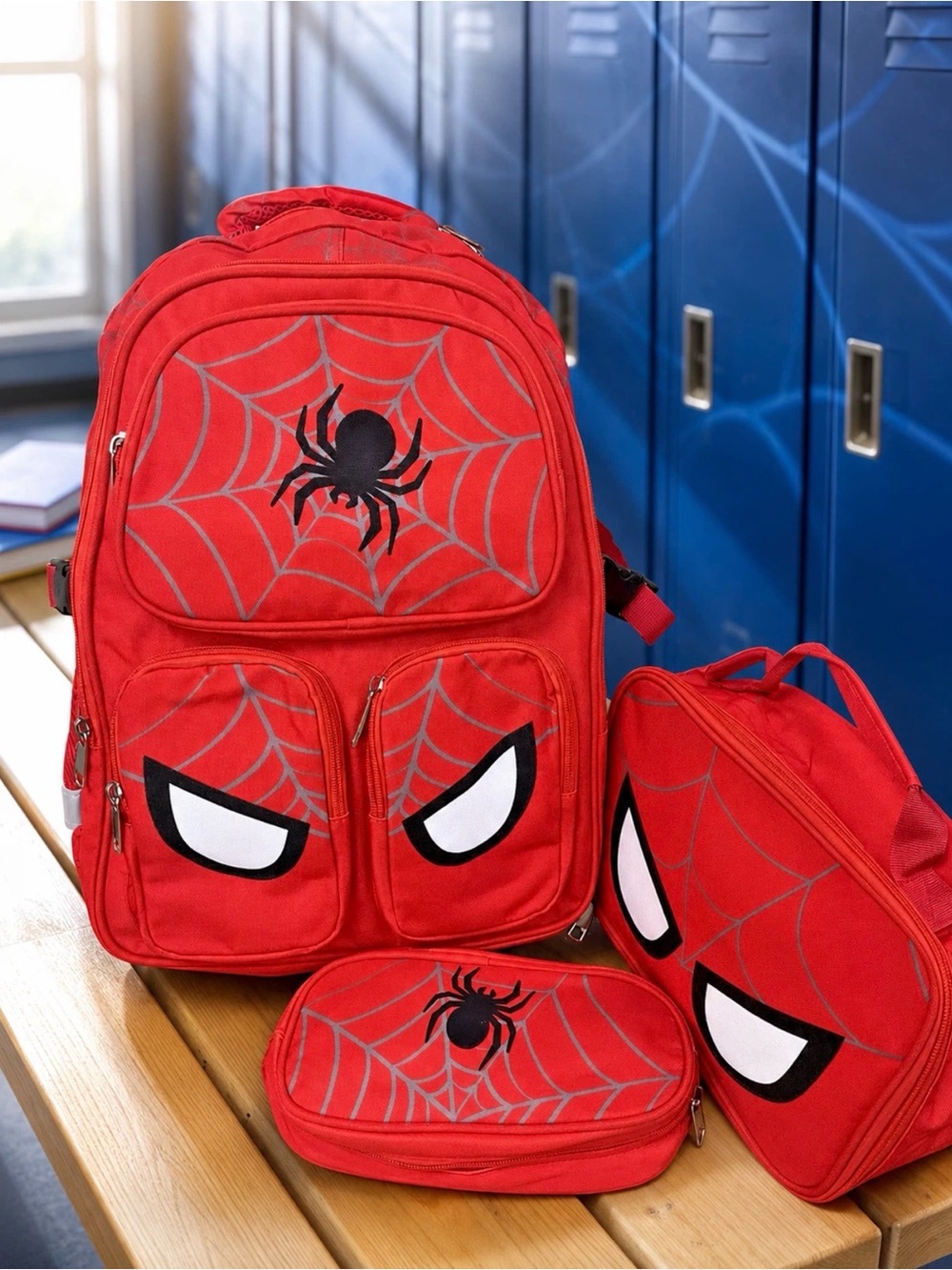 3PCS Kids School Backpack Set Lunch Bag Pencil Pouch Waterproof Spider